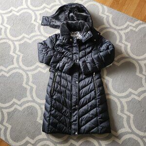 Nine West Faux Fur Collar & Hood Chevron Puffer Coat Jacket Parka Black Sz Small